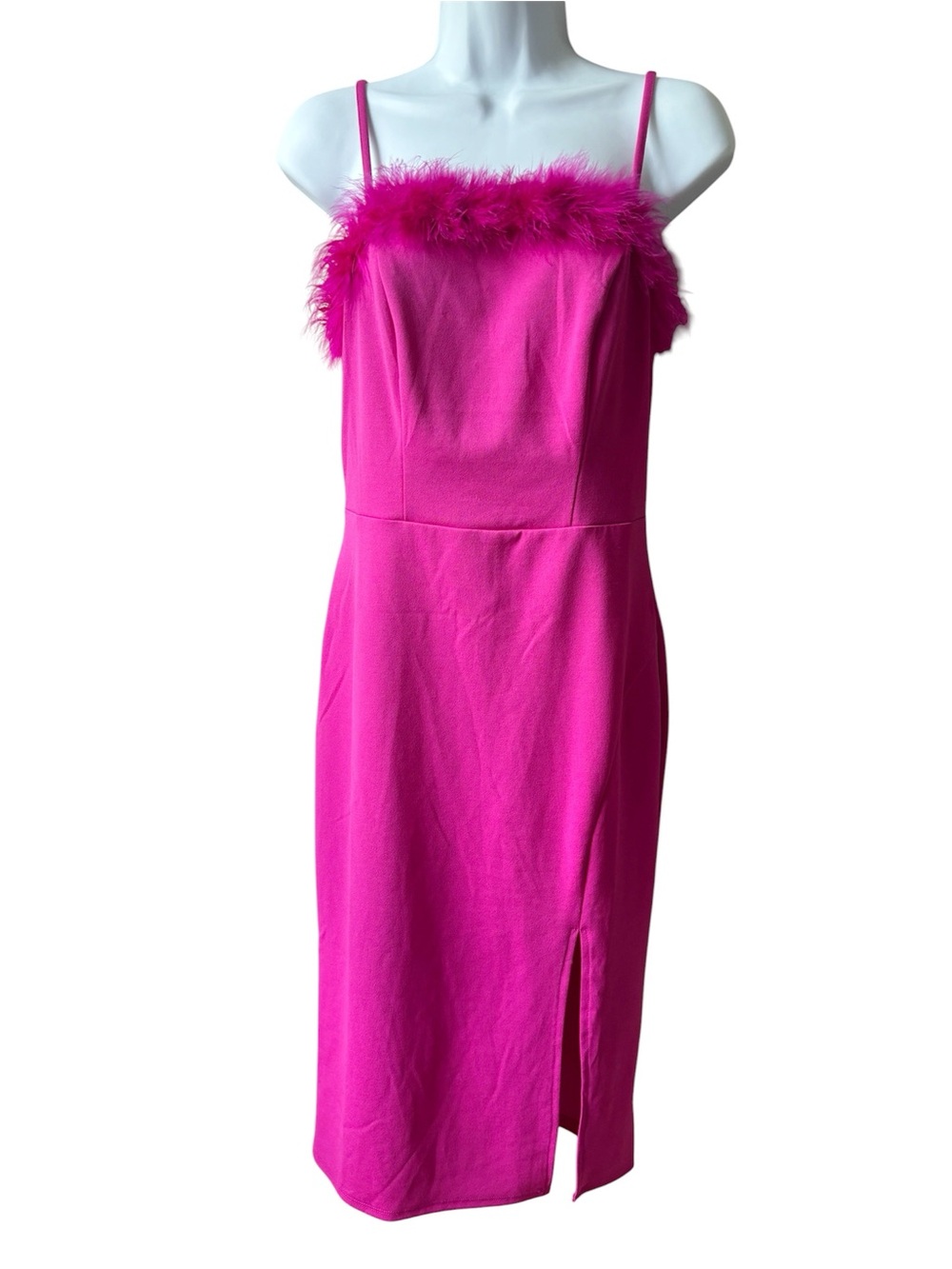 Crystal Sky Fuchsia Feather-Trim Midi Slip Dress